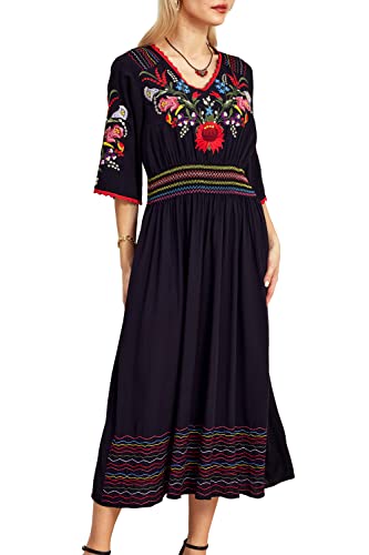 AK Traditionelles mexikanisches Kleid für Damen, Sommerkleid, Vintage-Stil, Blumenmuster, bestickt, fließend, tiefer V-Ausschnitt, Maxi-Midikleid, Schwarz, XX-Large von AK