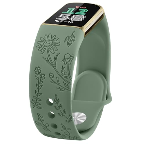AK für Fitbit Charge 6/Fitbit Charge 5 Armband Damen Herren, Weiches Wasserdichtes Silikon Armbänder Gravierter Ersatzarmband mit floralem Muster für Fitbit Charge 5/Fitbit Charge 6 von AK