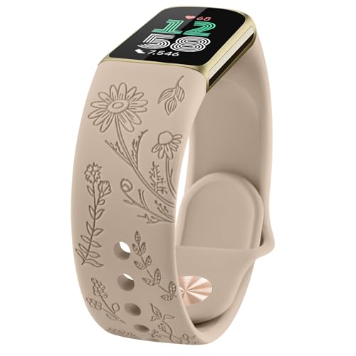 AK für Fitbit Charge 6/Fitbit Charge 5 Armband Damen Herren, Weiches Wasserdichtes Silikon Armbänder Gravierter Ersatzarmband mit floralem Muster für Fitbit Charge 5/Fitbit Charge 6 von AK