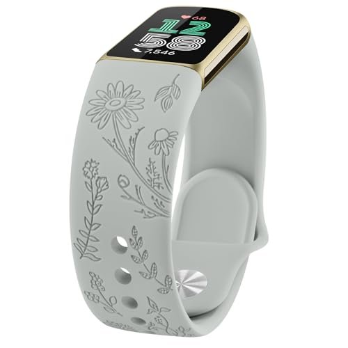 AK für Fitbit Charge 6/Fitbit Charge 5 Armband Damen Herren, Weiches Wasserdichtes Silikon Armbänder Gravierter Ersatzarmband mit floralem Muster für Fitbit Charge 5/Fitbit Charge 6 von AK