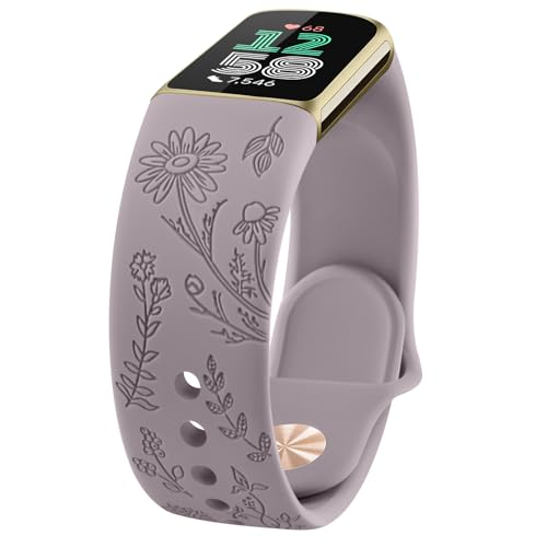 AK für Fitbit Charge 6/Fitbit Charge 5 Armband Damen Herren, Weiches Wasserdichtes Silikon Armbänder Gravierter Ersatzarmband mit floralem Muster für Fitbit Charge 5/Fitbit Charge 6 von AK