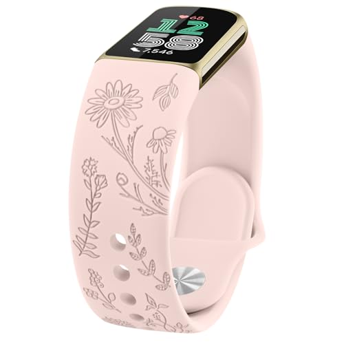 AK für Fitbit Charge 6/Fitbit Charge 5 Armband Damen Herren, Weiches Wasserdichtes Silikon Armbänder Gravierter Ersatzarmband mit floralem Muster für Fitbit Charge 5/Fitbit Charge 6 von AK