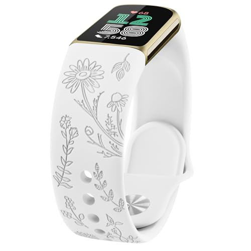 AK für Fitbit Charge 6/Fitbit Charge 5 Armband Damen Herren, Weiches Wasserdichtes Silikon Armbänder Gravierter Ersatzarmband mit floralem Muster für Fitbit Charge 5/Fitbit Charge 6 von AK