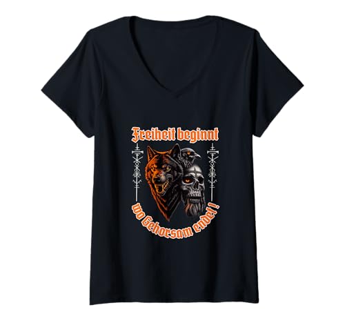 Damen Freiheit beginnt wo Gehorsam endet! - Rabe & Wolf-Wikinger T-Shirt mit V-Ausschnitt Damen Freiheit beginnt wo Gehorsam endet! - Rabe & Wolf-Wikinger T-Shirt mit V-Ausschnitt von AK71Design-Geschenke für Wikinger/Viking Fans