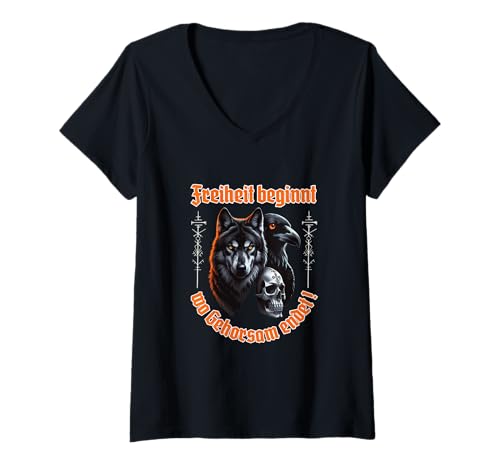 Damen Freiheit beginnt wo Gehorsam endet! - Rabe & Wolf-Wikinger T-Shirt mit V-Ausschnitt Damen Freiheit beginnt wo Gehorsam endet! - Rabe & Wolf-Wikinger T-Shirt mit V-Ausschnitt von AK71Design-Geschenke für Wikinger/Viking Fans
