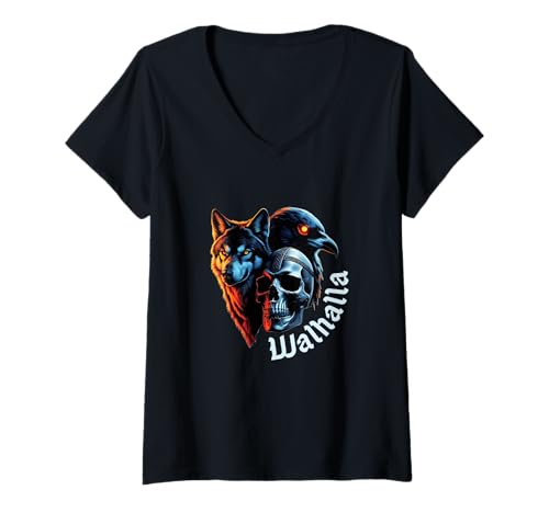 Damen Walhalla Viking Totenkopf mit Wolf und Rabe-Wikinger T-Shirt mit V-Ausschnitt Damen Walhalla Viking Totenkopf mit Wolf und Rabe-Wikinger T-Shirt mit V-Ausschnitt von AK71Design-Geschenke für Wikinger/Viking Fans