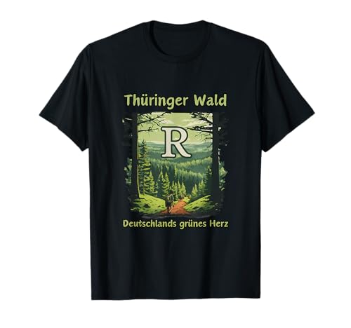 AK71Design Thüringen Rennsteig Motiv T-Shirt - Damen, Unisex-Kinder - Schwarz - S - V-Ausschnitt - Kurzarm - Polyester 100% - Schnelltrocknend - Klassisch - Wald - Deutschland-themed T-Shirt von AK71Design Geschenkidee für Thüringer und Fans
