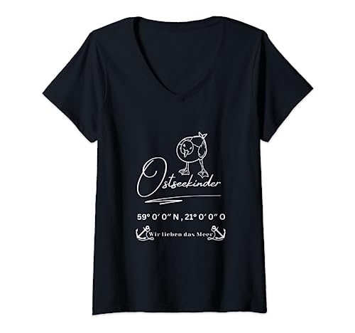 Damen Ostseekinder-Anker-Möwe-Koordinaten-Ostsee T-Shirt mit V-Ausschnitt von AK71Design-Geschenkideen für Ostseekinder.
