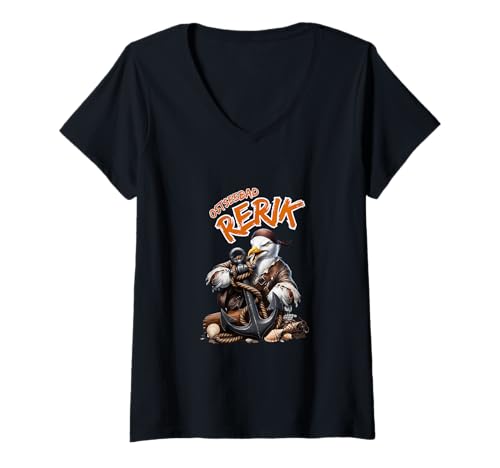 Damen Ostseebad Rerik Piraten Möwe mit Anker-Urlaub in Rerik T-Shirt mit V-Ausschnitt von AK71Design-Rerik Ostsee Souvenirs & Geschenke