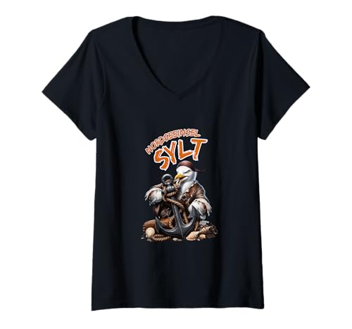 Damen Nordseeinsel Sylt Piraten Möwe mit Anker-Urlaub auf Sylt T-Shirt mit V-Ausschnitt von AK71Design-Sylt Urlaubs Strand Outfit