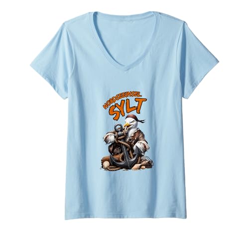 Damen Nordseeinsel Sylt Piraten Möwe mit Anker-Urlaub auf Sylt T-Shirt mit V-Ausschnitt von AK71Design-Sylt Urlaubs Strand Outfit