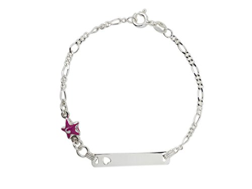 Aka Gioielli® - Kinder ID Armband 925 Sterling Silber mit Fuchsia emaille Stern und ausgestanztem Herz, Geschenk für Mädchen von AKA Gioielli