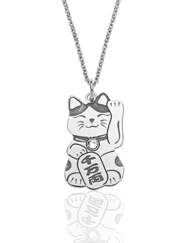 AKA Gioielli® - Halskette mit Glückskatze Anhänger 925 Silber Rhodiniert, Maneki Neko Japanische Glücksbringer Lucky Cat von AKA Gioielli