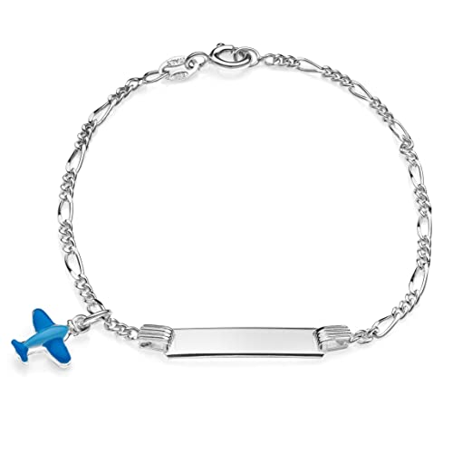 AKA Gioielli® - Kinder ID Armband 925 Sterling Silber mit Blau emaille Flugzeug, Geschenk für Jungen und mädchen von AKA Gioielli