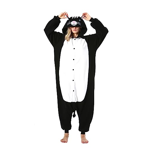 AKAAYUKO Damen Herren Karneval Kostüm Pyjama Weihnachten Tiere Onesie Halloween Jumpsuit Schlafanzug Faschingskostüme Overall Nachtwäsche Schwarze Katze von AKAAYUKO