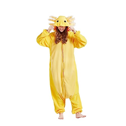 AKAAYUKO Damen Karneval Kostüm Pyjama Herren Weihnachten Halloween Jumpsuit Schlafanzug Tiere Onesie Overall Nachtwäsche Faschingskostüme Gelber Salamander von AKAAYUKO