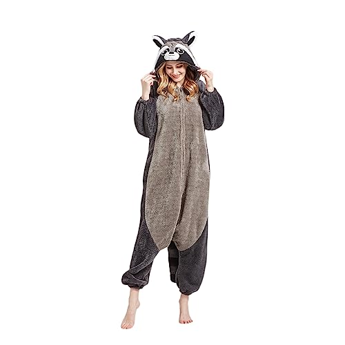 AKAAYUKO Damen Karneval Kostüm Pyjama Herren Weihnachten Halloween Jumpsuit Schlafanzug Tiere Onesie Overall Nachtwäsche Faschingskostüme Grauer Waschbär-BJR von AKAAYUKO