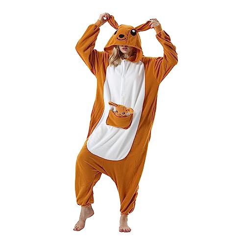 AKAAYUKO Damen Karneval Kostüm Pyjama Herren Weihnachten Halloween Jumpsuit Schlafanzug Tiere Onesie Overall Nachtwäsche Faschingskostüme Känguru von AKAAYUKO