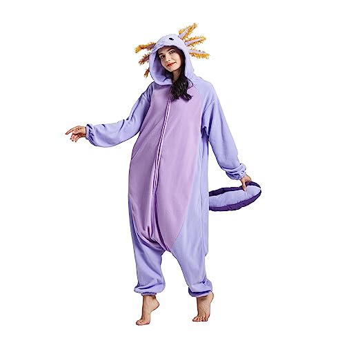 AKAAYUKO Damen Karneval Kostüm Pyjama Herren Weihnachten Halloween Jumpsuit Schlafanzug Tiere Onesie Overall Nachtwäsche Faschingskostüme Purpursalamander von AKAAYUKO