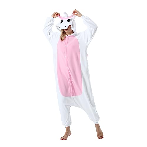 AKAAYUKO Damen Karneval Kostüm Pyjama Herren Weihnachten Halloween Jumpsuit Schlafanzug Tiere Onesie Overall Nachtwäsche Faschingskostüme Rosa Einhorn von AKAAYUKO