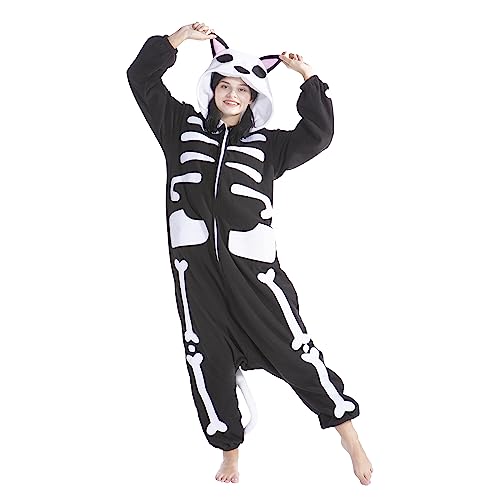 AKAAYUKO Damen Karneval Kostüm Pyjama Herren Weihnachten Halloween Jumpsuit Schlafanzug Tiere Onesie Overall Nachtwäsche Faschingskostüme Skelett-Katze von AKAAYUKO