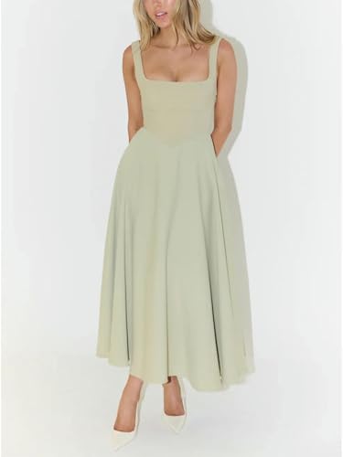 AKAILY Sommerkleid Damen Sommerkleider Quadrathals Hals Einfaches Kleid Casual Slim Midi Kleid-hellgrün-m von AKAILY