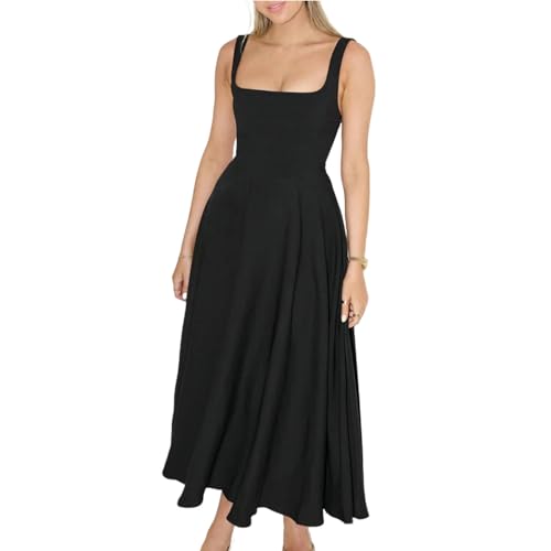 AKAILY Sommerkleid Damen Sommerkleider Quadrathals Hals Einfaches Kleid Casual Slim Midi Kleid-schwarz-m von AKAILY