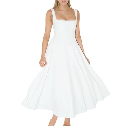 AKAILY Sommerkleid Damen Sommerkleider Quadrathals Hals Einfaches Kleid Casual Slim Midi Kleid-weiß-s von AKAILY