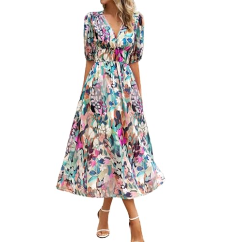 AKAIYUE Puffärmel,V-Ausschnitt,Blumenmuster,Boho-Stil,gesmokt, Strand,fließende Wickel-Sommerkleider,Kleider für Damen, lässig (Style-q,Large) von AKAIYUE