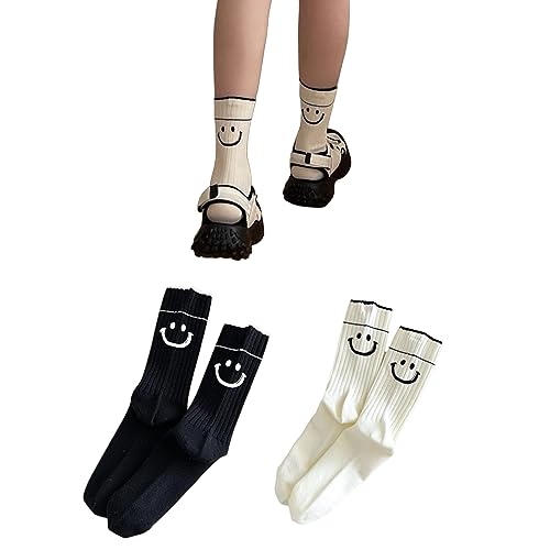 AKAMAS 2 Paar Damen Baumwollsocken,Niedliche Smiley-Muster Crew Socken,Lustige Lässige Knöchelsocken,Atmungsaktive Schwarze und Weiße Sneaker Socken Sportsocken,Warm Socken,Geschenk für Mädchen von AKAMAS