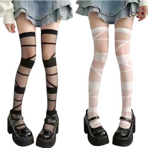 AKAMAS 2 Paar Damen Lolita Y2K Strümpfe,Japanisches Mädchen Bandage Strumpfhosen,Gothic Nylon Ultradünne Kniestrümpfe,Cosplay Kostüm Party Zubehör,Overknee Lange Socken,Oberschenkel hohe Socken A von AKAMAS