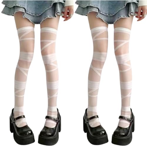 AKAMAS 2 Paar Damen Lolita Y2K Strümpfe,Japanisches Mädchen Bandage Strumpfhosen,Gothic Nylon Ultradünne Kniestrümpfe,Cosplay Kostüm Party Zubehör,Overknee Lange Socken,Oberschenkel hohe Socken C von AKAMAS