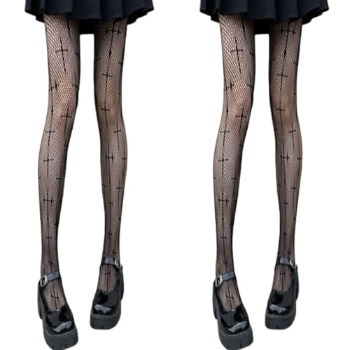 AKAMAS 2 Paar Damen Punk Kreuzmuster Halloween Netz Strumpfhosen,Gemusterte Oberschenkelhoch Fischernetz Strumpfhose,Gemusterte Elastisch Hohe Taille Strumpfhosen Spitze Muster Hollow Netzstrümpfe B von AKAMAS