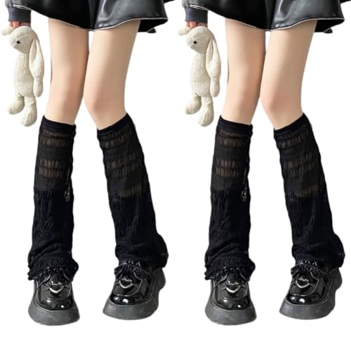 AKAMAS 2 Paar Damen Schwarze Weiße Schiere Beinstulpen,Sommer Ultradünne Rüschen Mesh Stulpen,Mesh Kniehoch Beinwärmer,Y3K Harajuku Japanische Beinstulpen,Streifen Muster Spitze Tüll Lange Socken C von AKAMAS