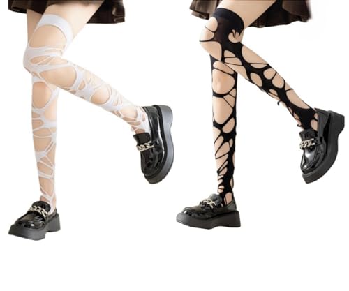 AKAMAS 2 Paar Damen Zerrissene Strumpfhose Oberschenkel Kniestrümpfe,Punk Y2K Gothic Ausgehöhlt Strümpfe,Hohe Taille Zerfetzte Socken für Lolita Party Cospaly,Japanisches Fischnetz Strumpfhosen von AKAMAS