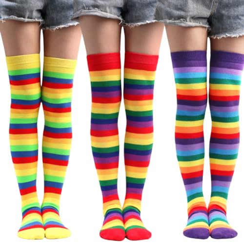 AKAMAS 3 Paar Damen Bunt Gestreifte Kniestrümpfe,Lange Overknee Regenbogen Strümpfe,Warme Winter Hohe Socken,Halloween Weihnachten für Weihnachten Cosplay-Kostüm Anziehparty Mehrfarbig von AKAMAS