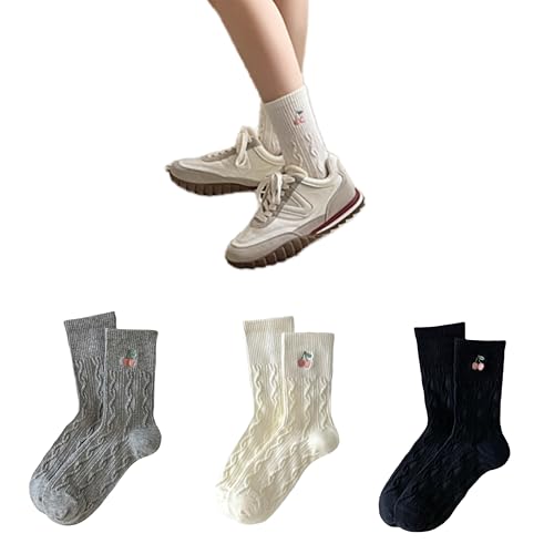 AKAMAS 3 Paar Damen Schwarz Weiß Grau Lustige Erdbeere Kirsche Stickerei Socken,Niedlich Obst Muster Frauen Warme Winter Socken,Mode Geprägte Muster Solide Atmungsaktive Baumwollsocken Sportsocken A von AKAMAS