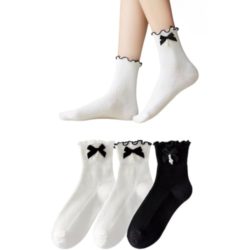 AKAMAS 3 Paar Damen Schwarz Weiß Rüschen Socken,Süße Ruffle Knöchelsocken,Crew Socken mit Perlen und Schleifen,Atmungsaktive Baumwollsocken Freizeit Socken,Einfarbige Prinzessin Kleid Socken von AKAMAS