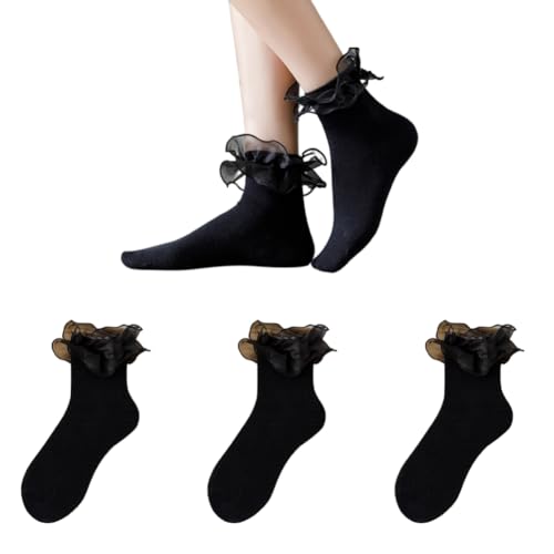 AKAMAS 3 Paar Schwarz Damen Rüschen Socken,Gerüschte Spitze Knöchel Socken,Mode Baumwollsocken mit Wellenkanten,Prinzessin Socken,Kleid-Socken,Elegante Socken mit Salatrand Mädchen B von AKAMAS