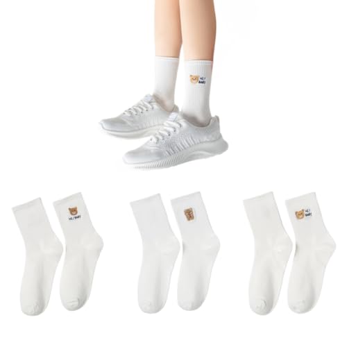 AKAMAS 3 Paar Schwarz Weiße Damen Socken mit Bären,Lustige Cartoon Tier Stickerei Knöchelsocken,Dehnbar Autmungsaktiv Baumwolle Mitte Wade Socken Sportsocken,Geschenke für Mädchen A von AKAMAS