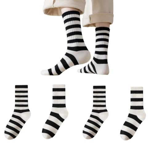 AKAMAS 4 Paar Damen Baumwollsocken,Lustige Schwarz Weiß Gestreifte Socken,Atmungsaktive Sportsocken,Modische Freizeit-Socken Knöchelsocken,Schwarz-weiße Colour-Blocking-Socken A von AKAMAS