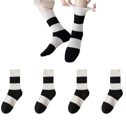 AKAMAS 4 Paar Damen Lustige Schwarz Weiß Gestreifte Baumwollsocken,Warm Winter Streifen Muster Freizeit Socken,Modische Schwarz-Weiße Patchwork Sport Socken C von AKAMAS