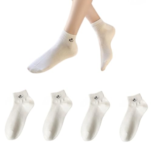 AKAMAS 4 Paar Damen Knöchelsocken,Lustige Smile Crew Socken,Atmungsaktive Baumwollsocken Sportsocken,Niedliche Stickerei Lässige Socken,Gestrickte Kurze Socken,Mädchen Geschenk B von AKAMAS