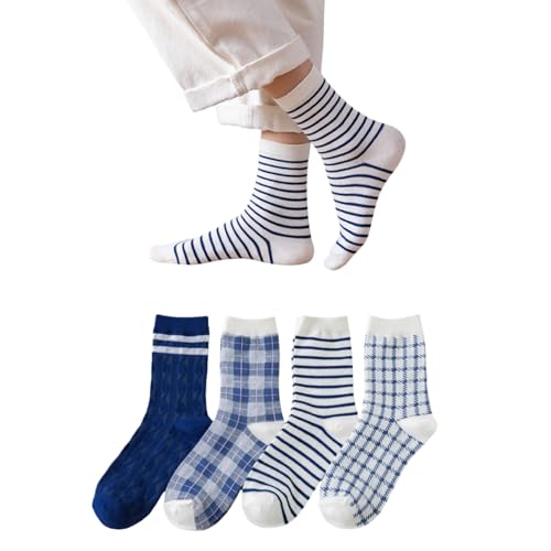 AKAMAS 4 Paar Damen Lustige Blau Karierte Socken,Retro Nadel Streifen Muster Crew Socken,Atmungsaktive Baumwollsocken Lässige Socken,Karo Motiv Knöchelsocken,Blau-Weiß Gestreifte Freizeit Socken von AKAMAS