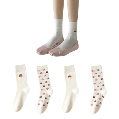 AKAMAS 4 Paar Damen Lustige Kirsche Muster Schwarz Weiß Solide Rüschen Crew Socken,Süße Rote Frucht Kirsch Obst Ruffle Söckchen,Weiche Warm Baumwolle Lässige Kleid Lolita Socken A von AKAMAS