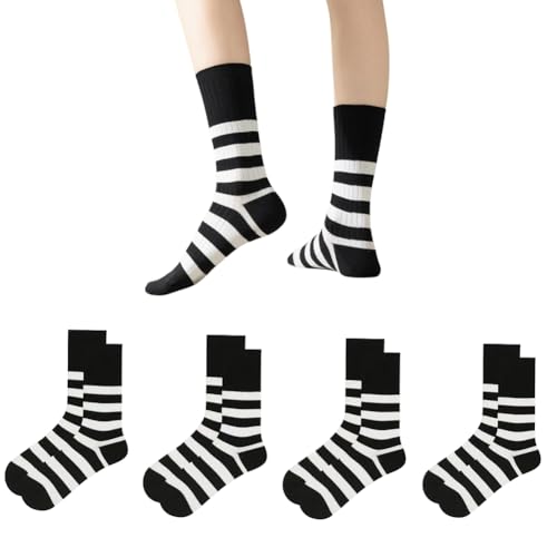 AKAMAS 4 Paar Damen Schwarz Weiß Streifen Socken,Lustige Retro Gestreifte Crew Socken,Atmungsaktive Baumwollsocken Sportsocken Teenissocken,Modische Freizeit-Socken Knöchelsocken,Geschenk B von AKAMAS