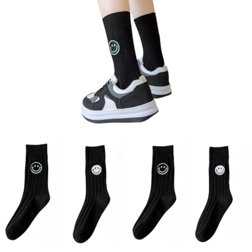 AKAMAS 4 Paar Damen Socken,Süße Lustige Lächelndem Gesicht Muster Emoji Socken,Atmungsaktive Baumwollsocken Sportsocken,Modische Bunte Socken,lässige Socken,Geschenk Schwarz von AKAMAS