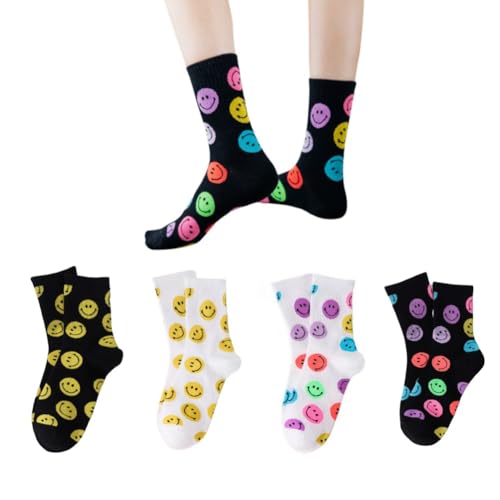 AKAMAS 4 Paar Lustige Damen Socken mit Lächelndem Gesicht Muster,Süße Emoji Bunte Alltagssocken,Atmungsaktive Baumwollsocken Sportsocken Knöchelsocken,Geschenke Mädchen Teenager von AKAMAS