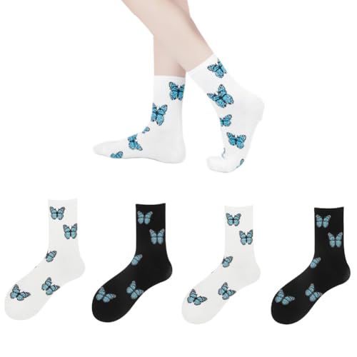 AKAMAS 4 Paar Damen Verrückte Muster Crew Socken,Lustige Bunte Schmetterlings Druck Casual Socken,Weiche Atmungsaktive Baumwollsocken Lässige Socken,Warm Winter Knöchelsocken Wadensocken Frauen B von AKAMAS