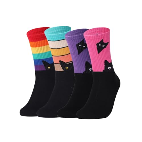 AKAMAS 4 Paar Damen & Herren Lustige Bunte Katze Socken,Witzige Tier Muster Baumwollsocken,Regenbogen Streifen Sportsocken,Schwarze Katze Bunte Patchwork-Socken Kuschelsocken Wadenstrümpfe(38-45) von AKAMAS